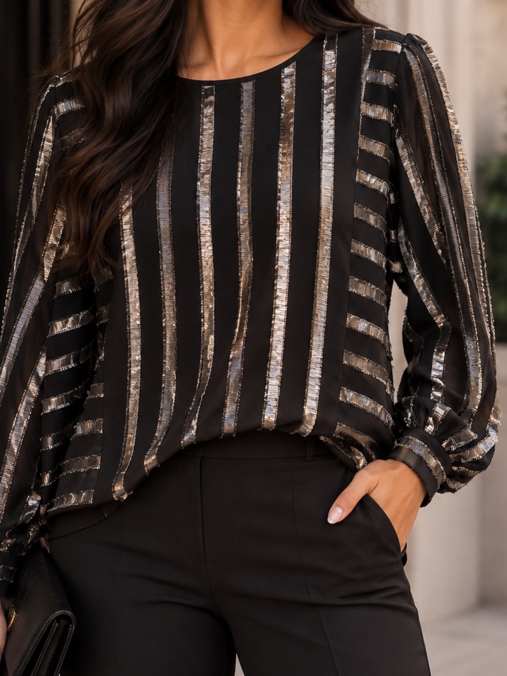 Alfani Black Metallic Striped Blouse Long Sleeve L